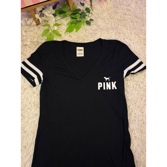 Victorias Secret Pink Black V-Neck T-Shirt With Striped Sleeves Womens Size S - Picture 10 of 11